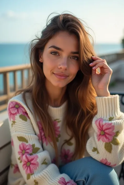 latin girl, brown eyes with long light brown hair, smiling on the terrace, Face in close-up, calm look, combing. sitting, looking at the camera, Side angle, made up, casual dress, flower print sweater, background with sky view, hands down.