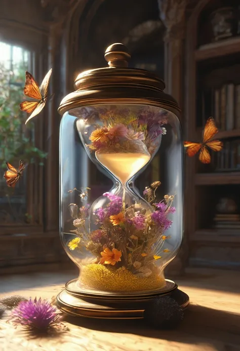 (Best Quality,4K,8k,High resolution,masterpiece:1.2),Very detailed,(Realistic,photoRealistic,photo-Realistic:1.37),Digital Art,Antique jar filled with dried flowers and glowing fairies,The beautiful curves of an hourglass,sunny,Atrium Background,Cinematic,...