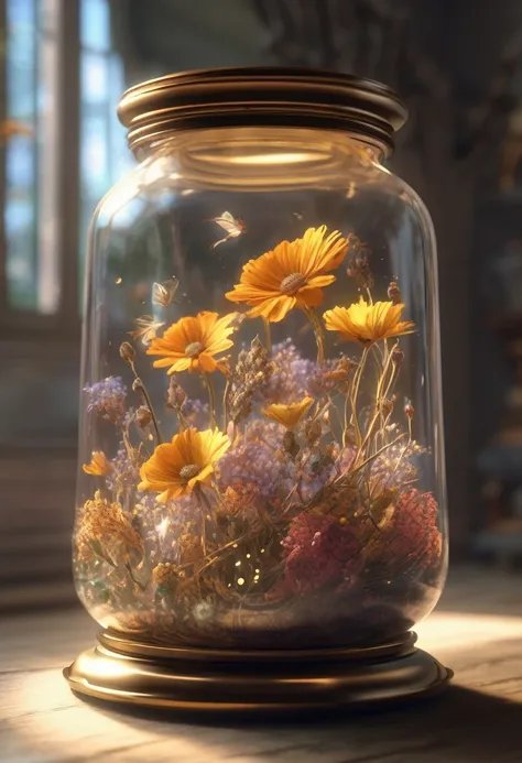 (Best Quality,4K,8k,High resolution,masterpiece:1.2),Very detailed,(Realistic,photoRealistic,photo-Realistic:1.37),Digital Art,Antique jar filled with dried flowers and glowing fairies,The beautiful curves of an hourglass,sunny,Atrium Background,Cinematic,...