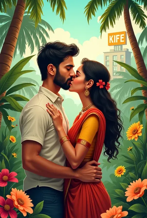 Create a poster decorated with flowers , bananana plants ,coconut trees and a office having board named KSFE in background 
A man in light beard kisses a short woman in Saree 