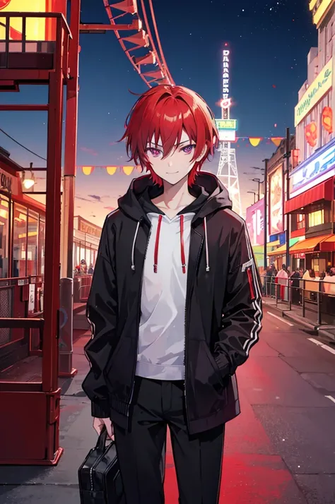 Face through torso, 1man, mature male in his 20s, short hair(Red hair, hair between eyes), sharp and masculine purple eyes(no highlights), sinister smile, mysterious aura like a mastermind behind all events, wearing white hoodie under casual jacket, black ...