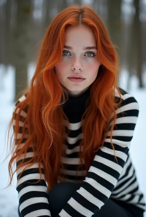 Slovenian girl, green eyes with red hair, very long, smiling in the snowy forest, Face in close-up, from the waist up, calm look, combing. sitting, looking at the camera, Side angle, made up, casual dress, black striped turtleneck sweater, background with ...