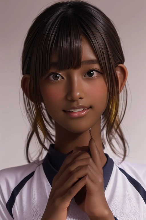 (((( one girl )))), Put your hand over your mouth、Beautiful breasts、 Brown eyes, ((Gal Hairstyles)) blonde, girl, (Eye and facial details:1.0), break, (masterpiece, Highest quality, Very detailed, Detailed face, 8k),( dark skin:2.05 ), (((( volleyball unif...