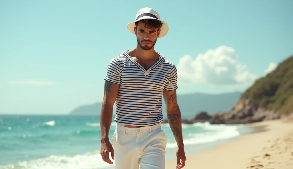 Latin sailor teen man model full body with a vintage art tattoo, Vintage US Navy sailor white bucket hat, stripe round neck t-shirt white sailor pants, portrait  professional, jean paul gaultier le male style, classic vintage 1950 artwork masterpiece, walk...