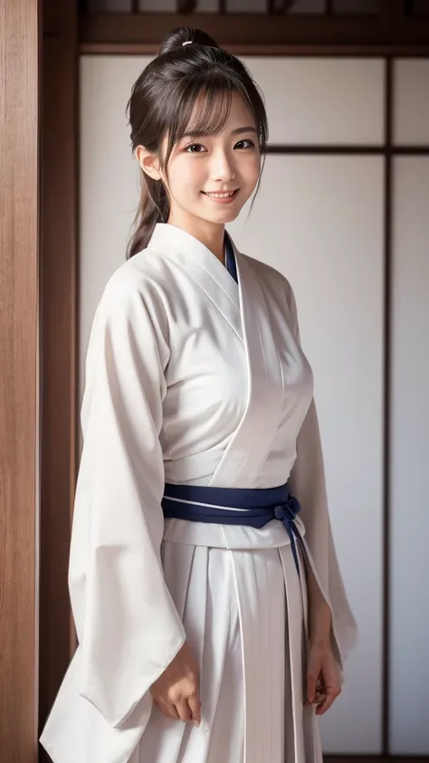 photograph, (8k), , 日本の若くて美しい女性のphotograph, , Full body image, beautiful, (White Kendo uniform, Hakama), A gentle smile, Perfect Face, ponytail, (Model&#39;s body type), View your viewers