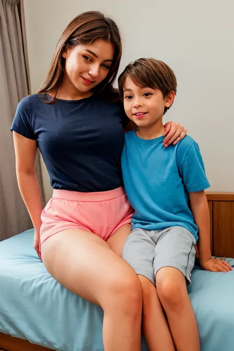 a young boy sitting on his mother's lap in a cozy bedroom, blue shorts. mother and son, 1boy, jackpot please, big thighs, fat, b...