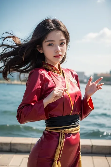 (Feel the wind pose:1.3, Hair blowing in the wind:1.5), (beautiful girl, Baby Face:1.6, Cute face, Idol Face:1.2), (Small and slender figure), (Slender body line), (((Mysterious and divine々Ishi costume:1.3))), (Girl&#39;s smooth body:1.2), Delicate beautif...