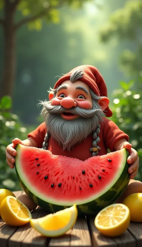 a dwarf eating a watermelon with several lemons cut in half inside