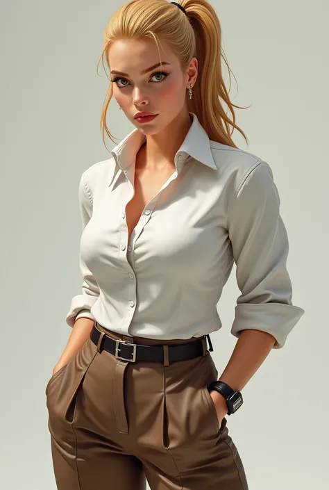 Cammy in a white blouse and brown pants 