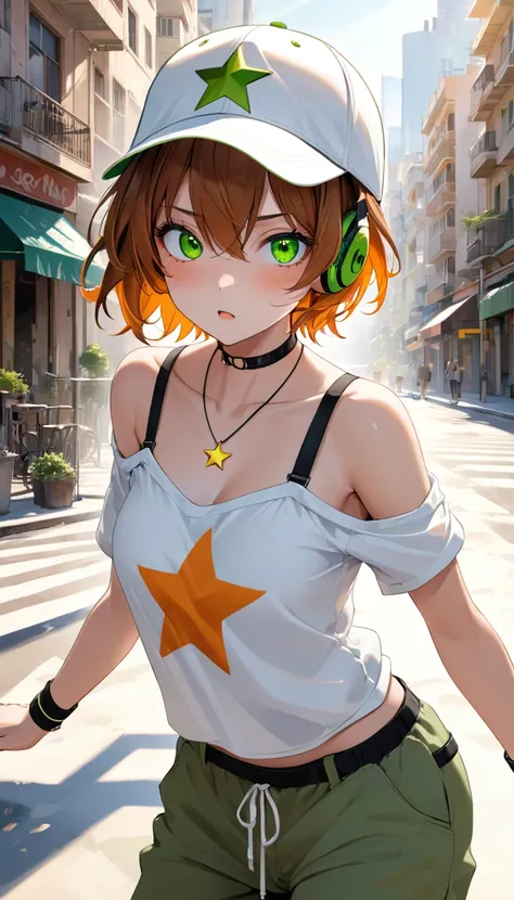 cute woman, psychopathic facial expression, loose fashion (baggy green and white shoulderless T-shirts layered on top of each other, white and green baseball cap worn diagonally and low to cover one eye, baggy azuki-brown pants, sandals, black bra straps, ...