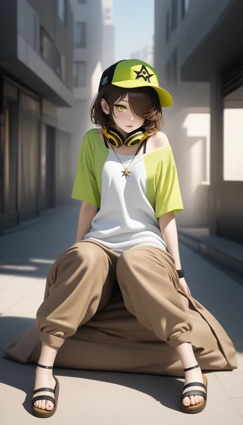 cute woman, psychopathic facial expression, loose fashion (baggy green and white shoulderless T-shirts layered on top of each other, white and green baseball cap worn diagonally and low to cover one eye, baggy azuki-brown pants, sandals, black bra straps, ...