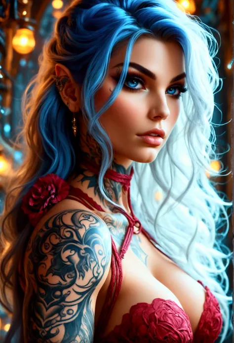 Create a hyper detailed photograph of a  tattooed muscular young sexy female deathknight, Stunningly perfect gorgeous feminine face, perfect makeup, detailed vibrant eyes, long hair, big beautiful muscular legs, big beautiful muscular arms, perfect body, m...