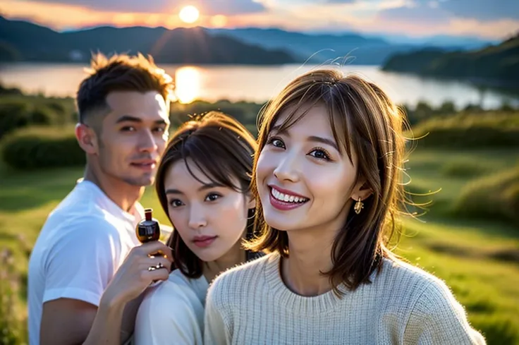 (Realistic, 超Realistic:1.4), 16K HDR, High resolution,((Whiskey Glass)),((Whiskey Bottle))、Brown short hair,The best smile、A man and two women、Model Couple、Short sleeve dress,whiskey、((Single Malt)),((scotch)),The Macallan、Johnnie Walker、Old Parr、Shot Glas...