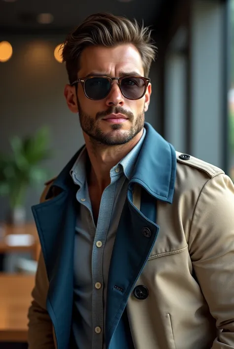 realisticic, Russian handsome muscular man, smiling , strong and muscular legs, big lump, casual dress, Oxford Shirt, Elegant blue and beige trench coat Elegant and fashionable, Perfect face, perfect eyes, with beard, sexy, realistic,, , close up, in a min...