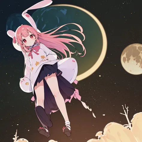 absurderes, hight resolution, (Anime style:1.1), ((masutepiece)), ((Best Quality)), (Ultra-detailed), (Beautiful), solo, Beautiful face、(liftup),12year old、Detailed outer space、Realistic beautiful stars々、(Cute girl in rabbit costume standing on the moon lo...