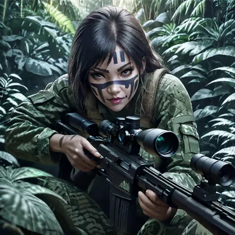 a woman soldier in camouflage body paint, stealthy combat squad, multiple invisible female soldiers, blurry body outlines, aimin...