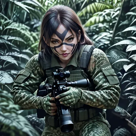 a woman soldier in camouflage body paint, stealthy combat squad, multiple invisible female soldiers, blurry body outlines, aimin...