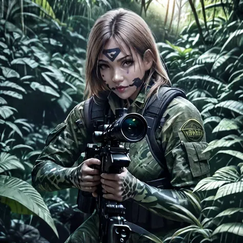 a woman soldier in camouflage body paint, stealthy combat squad, multiple invisible female soldiers, blurry body outlines, aimin...