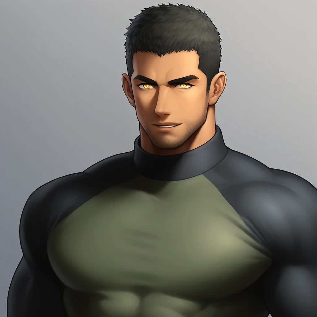 anime characters：Gyee Chris Redfield, Muscle Sports Student, negro black skin, 1 dark skin muscular tough guy, Manliness, male focus, Military Green Camouflage High Neck Long Sleeve Tight T-Shirt, Slightly transparent material, Very tight, Round, full and ...