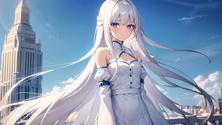 1girl, long white hair, blue eyes, wearing white dress coat, city, absurdres, high res, ultrasharp, 8K, masterpiece, standing on top of a skyscraper looking out at the city, facing away from viewer, sky, city buildings, back view, side view, looking away