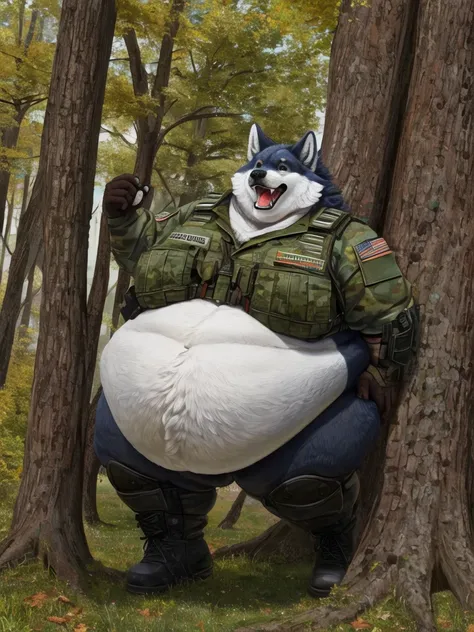 Very Extremely Obese Wolf with Very Extremely Massive Overhang Belly, wears military special forces outfit, wears Boots, gets stuck by squeezing through two trees