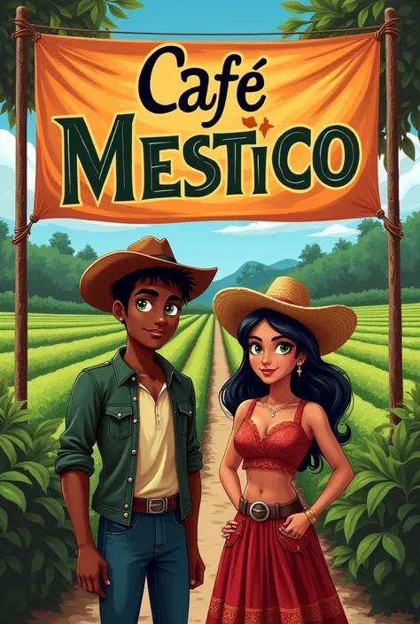 A banner saying Café Mestiço with a dark-skinned mixed-race man with green eyes in front and next to it a white woman with black hair dressed as a caugirl. In the background a coffee plantation.