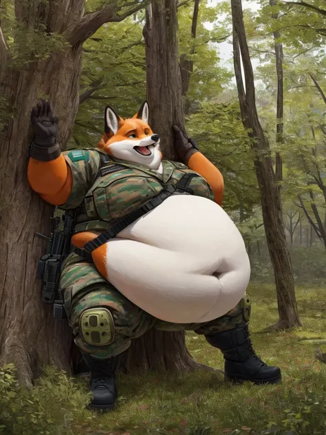 Very Extremely Obese Fox with Very Extremely Massive Overhang Belly, wears military special forces outfit, wears Boots, gets stuck by squeezing through two trees