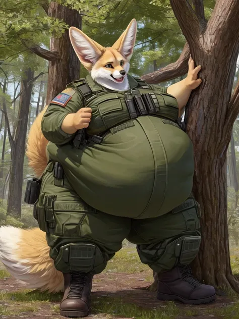 Very Extremely Obese Fennec Fox with Very Extremely Massive Overhang Belly, wears military special forces outfit, wears Boots, gets stuck by squeezing through two trees