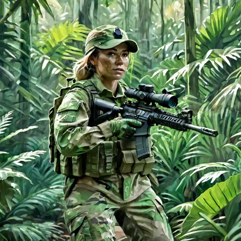 (female soldier in light combat uniform:1.5)、stealth infantry combat group、multiple invisible female soldiers、blurred body outli...