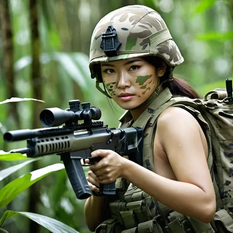 ((a female soldier with camouflage paint on her naked body:1.5))、stealth infantry combat group、invisible female soldiers、the out...