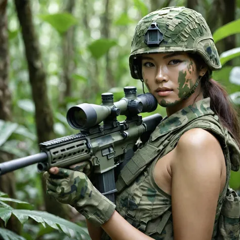 ((several female soldiers with camouflage paint on their naked bodies:1.5))、stealth infantry combat group、invisible female soldi...