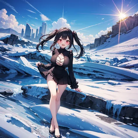 ice field, (solo), (1 skinny girl standing alone), swaying back, BREAK, black hair, two side up, red eyes, bursting large breasts, bouncing large breasts, very short torso, skinny narrow waist, skinny legs, BREAK, (frilled black mini dress with frilled lon...