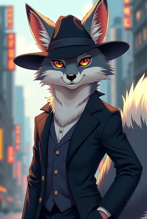 Furry fox with lush gray and white fur. ,with a black 80s mobster hat "anime style image"