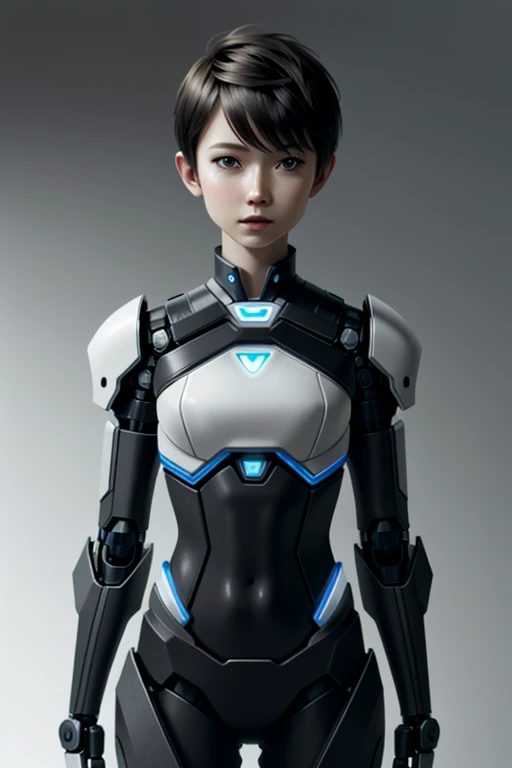 a robot humanoid girl, short tomboy pixie cut hair, black hair, gray background