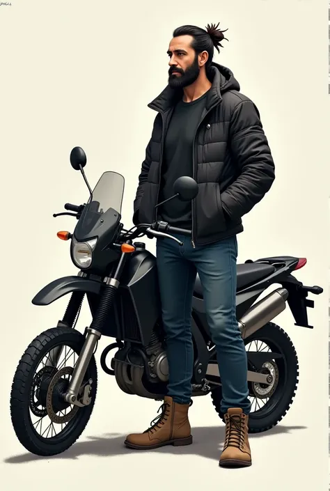 A man with long black hair tied up, with a long, outlined beard, he has a black jacket, He has blue pants, has beige boots, It is next to a black Yamaha KLR motorcycle