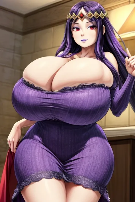 (best quality), (masterpiece), 1 girl, early 20s, huge heavy breasts, thick, thick lips, wide hips, thin waist, purple hair, purple lips, red eyes, fully clothed, dress, tiara