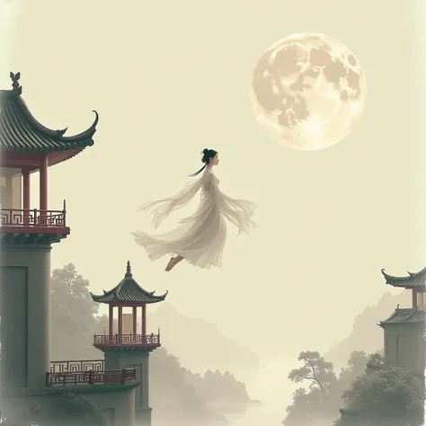 A stunning visual depicting Chinese ancient beauty flying mid to the moon, from railing of palace, clean sky, Sumi-e painting style, traditional Japanese ink wash painting, emphasizes simplicity and elegance, expressive brushwork, captures the essence of t...