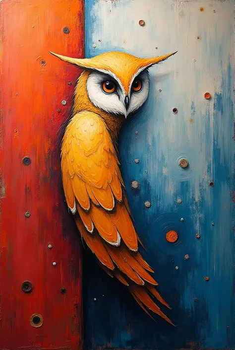 Create half owl body on canvas painted in red orange white blue colors in acrylic paint with very abstract vangogh type painting tracks

