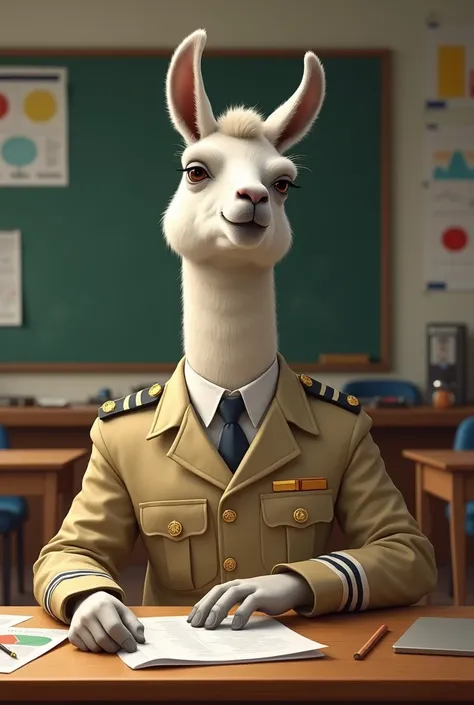 Create a humanoid llama using a khaki naval uniform, that she is sitting in a classroom learning about internal combustion engines, The llama must necessarily have a masculine appearance. 
