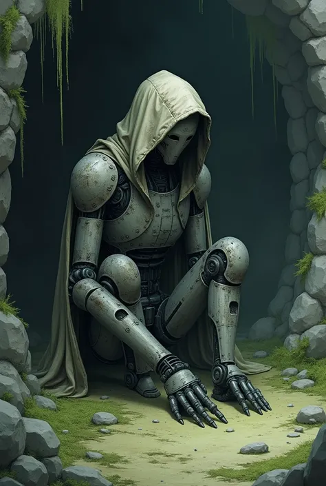 Elden ring, robot, cave, moss on robot, robot is hooded,  anime style, just sitting on the ground, metal, old, dusty, 