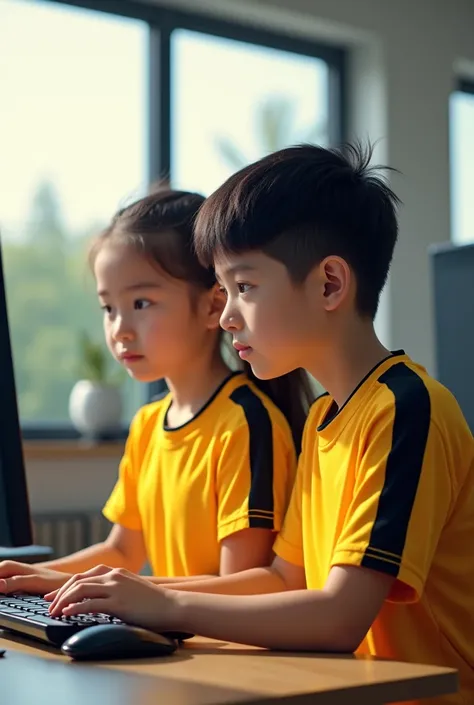 girl and boy in yellow and black school sports uniform using computer