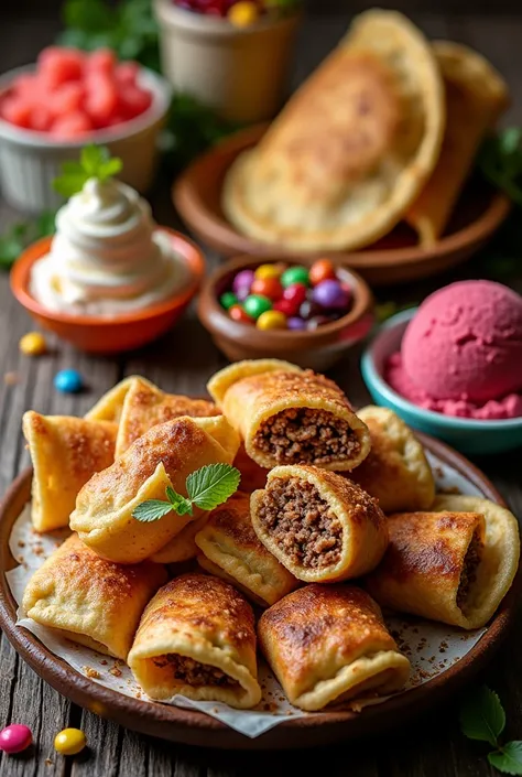 Creole arepas with shredded beef,  Empanadas, ice cream and candy without blur and on wooden background 