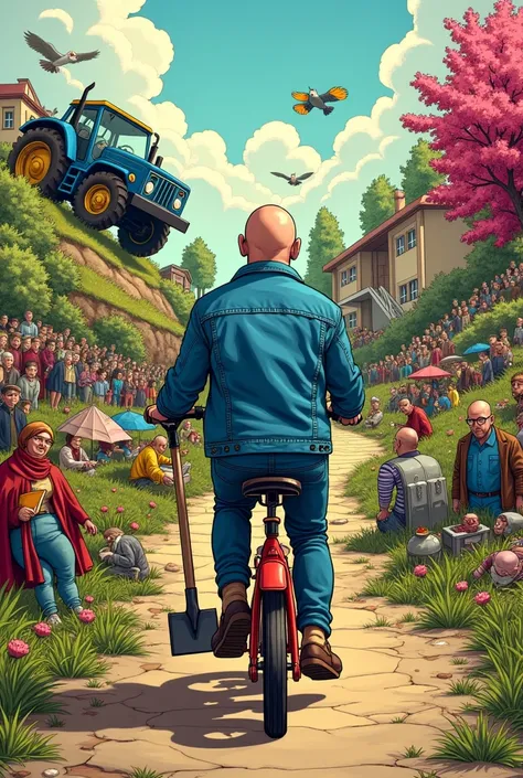 A comic-style medium shot of a bald man  a denim jacket and holding a shovel. He has his back to the camera and is riding a childs bicycle. The background contains a pink flower bush, a blue tractor driving up a hill, two women looking at a package, punks ...