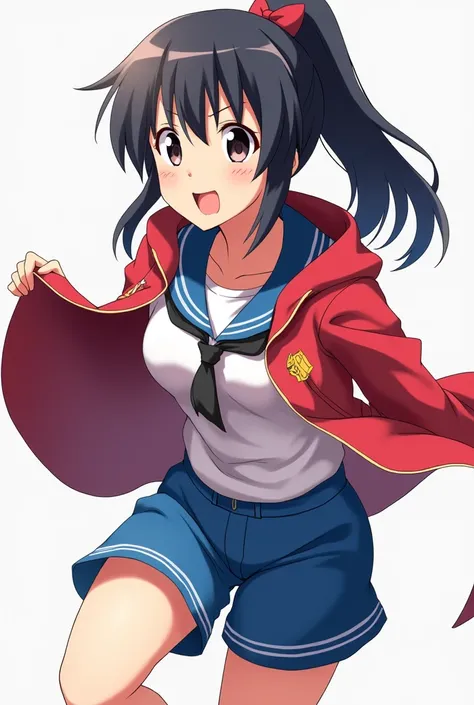 Megumin　Skirt lifted　Blue pants　
Open your mouth, ponytail, 