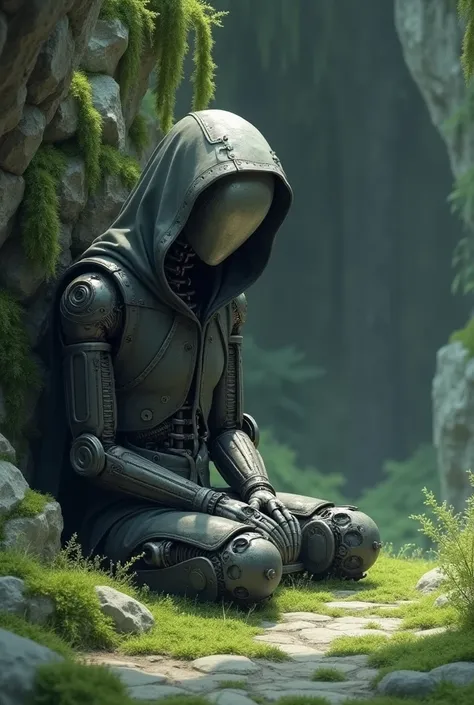 Elden ring, robot, cave, moss on robot, robot is hooded,  anime style, just sitting on the ground, metal, old, dusty, looks almost human from the body, the head is robot, cave is rocks, robot is human