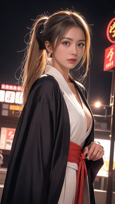 High image quality、High resolution、masterpiece、Wide-angle shot、samurai、woman、Age 35、Japanese Castle Town、Cherry Blossom Snowstorm、Black kimono、Under a large cherry tree、Neon city at night、Futuristic Suit、Blonde center-parted ponytail、Large Breasts、Perfect ...