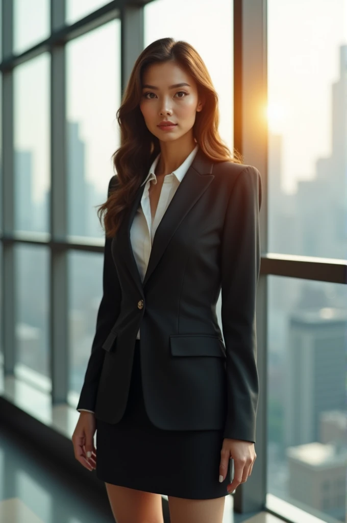 Female CEO in suit and short skirt in room near window