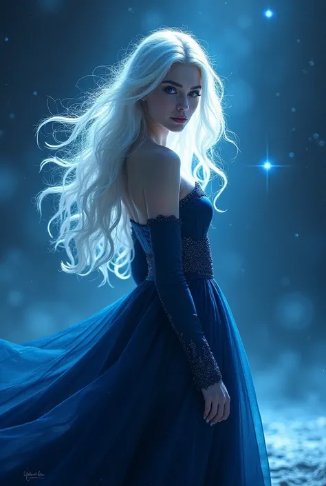 A beautiful magical woman with snow white hair and bright blue eyes, dressed in an elegant dark blue dress, is in space.