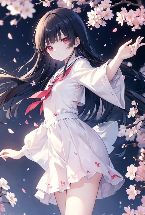 (Masterpiece)、Best Quality、Highest quality、High resolution、Shiny Hair、Glowing Skin、mini skirt、Medium chest、Cherry blossoms dancing at night、Bright highlights on eyes、Sailor suit、torii
