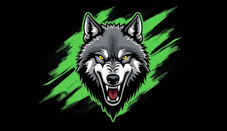 This is an abstract image of a black background with green paint marks and diagonal lines.. The image shows the head of a gray wolf with yellow eyes. The wolf is growling with its teeth bared. The image is made in a vector illustration style and has a blac...